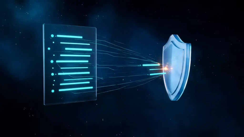 A glowing panel of activity log entries streaming toward a shield, with one entry stopped and sparking at the point of contact
