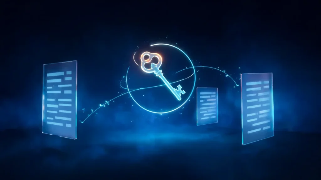 A glowing key encircled by a ring of light, with filaments connecting it to three translucent panels of interface data