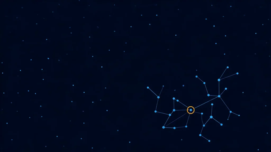 Faint dot field with one constellation forming and its centre dot ringed in amber