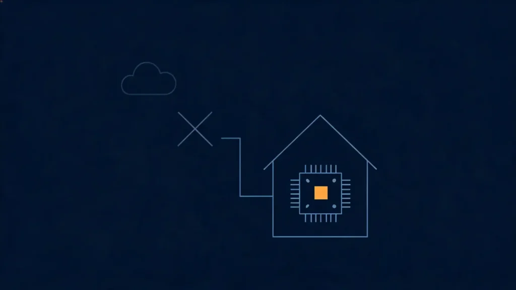 House outline containing a chip glyph with a crossed-out path to an unused cloud